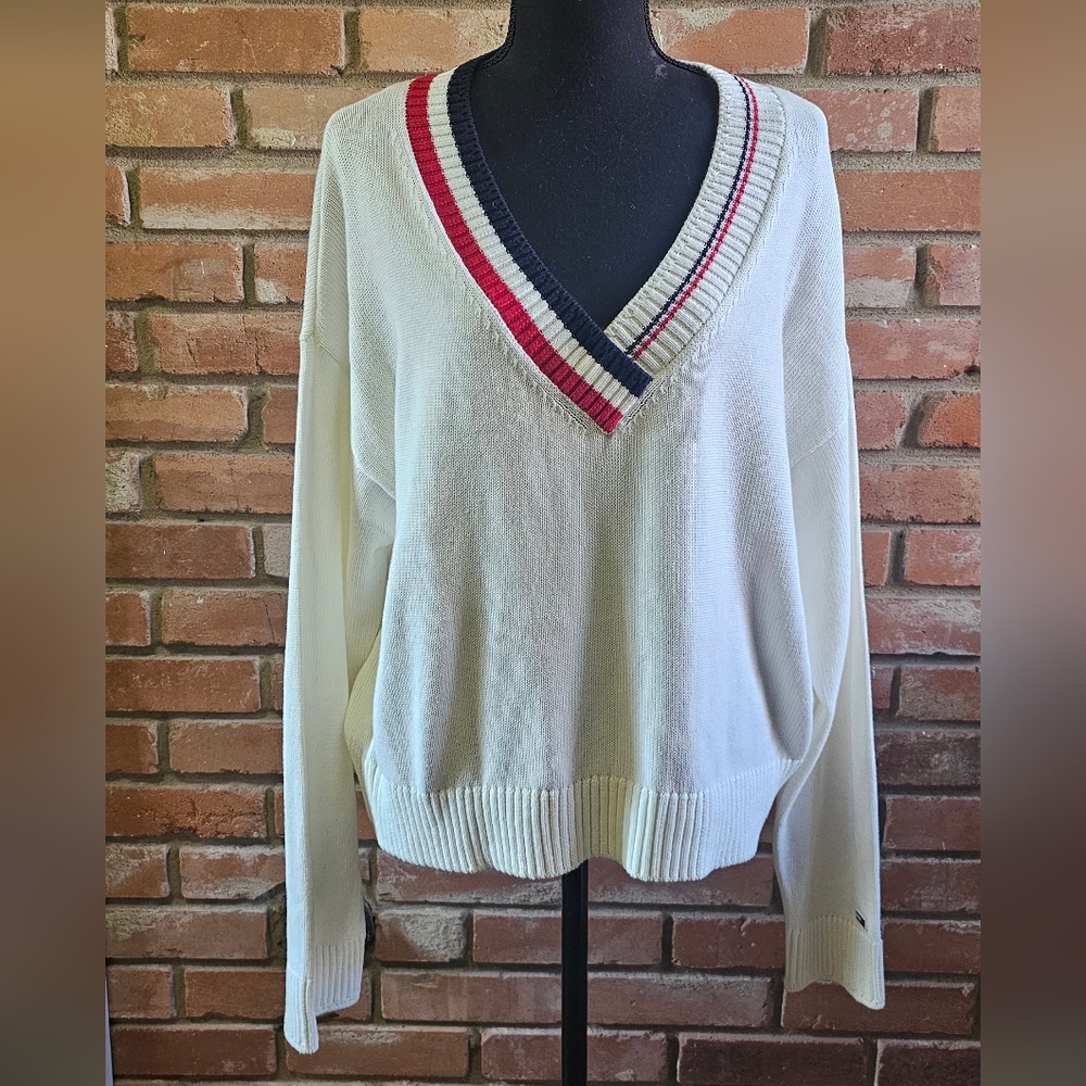 Tommy Hilfiger Cream V-Neck Sweater with Red and Navy Trim